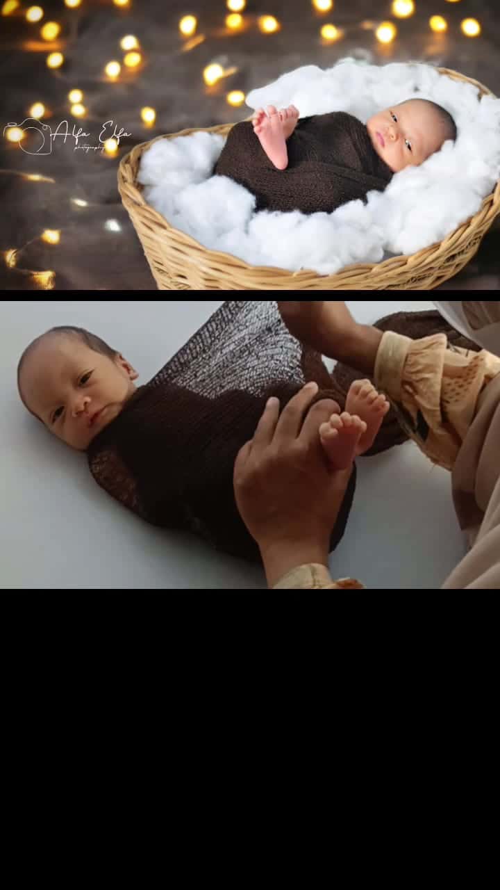 Foto newborn close up kaki bayi mungil di dalam keranjang rotan